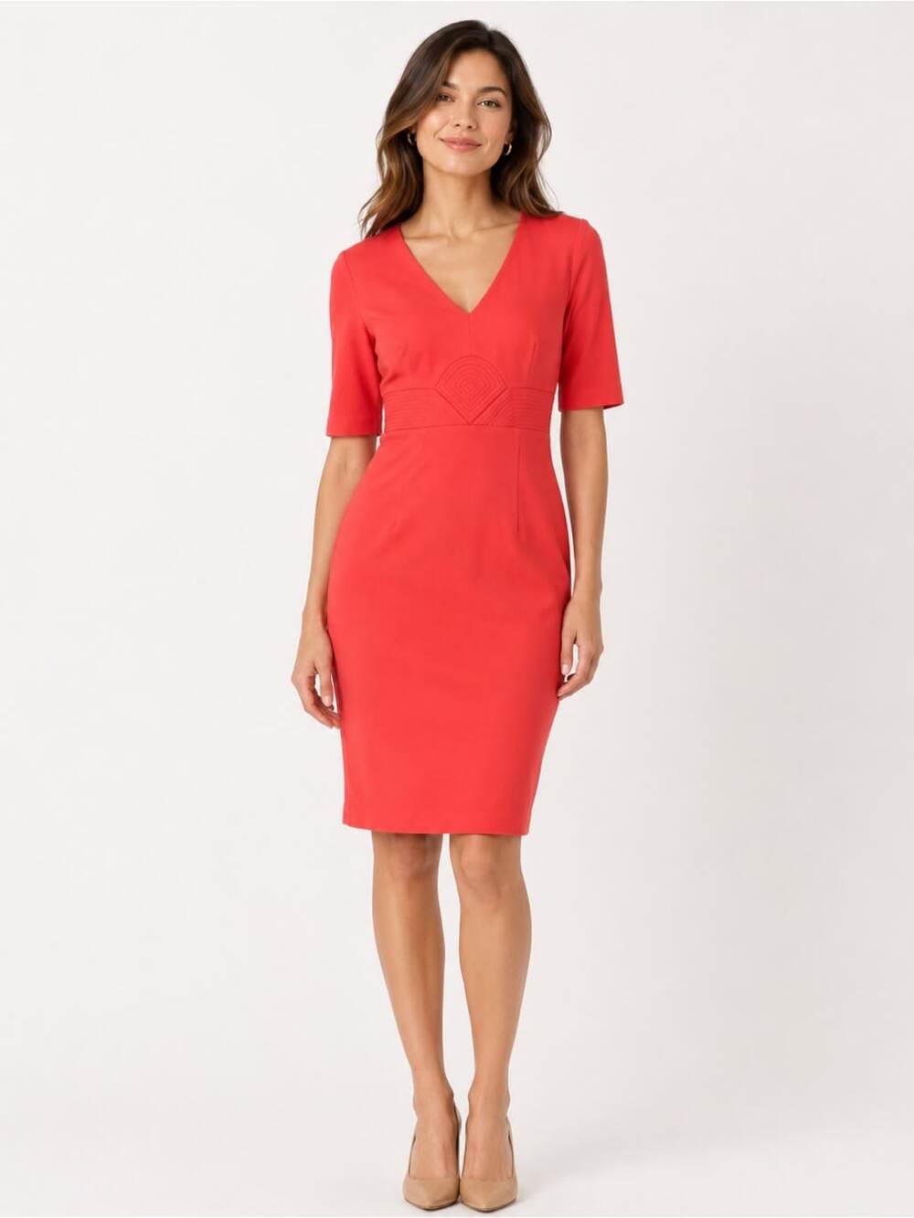 Trina Turk Dress 6 Red V Neck Short Sleeve Fitted Sheath Career Cocktail Classic